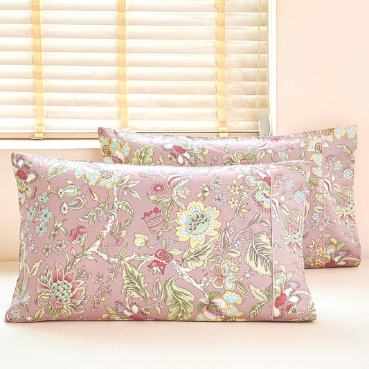 URBONUR 100% Cotton Pillowcases Set of 2 Queen Size Vintage Pink Floral Printed Pillow Cases Soft Cooling Pillowcase Decorative Pillow Cover (Queen, 20x30 Inches, Pink Flowers)