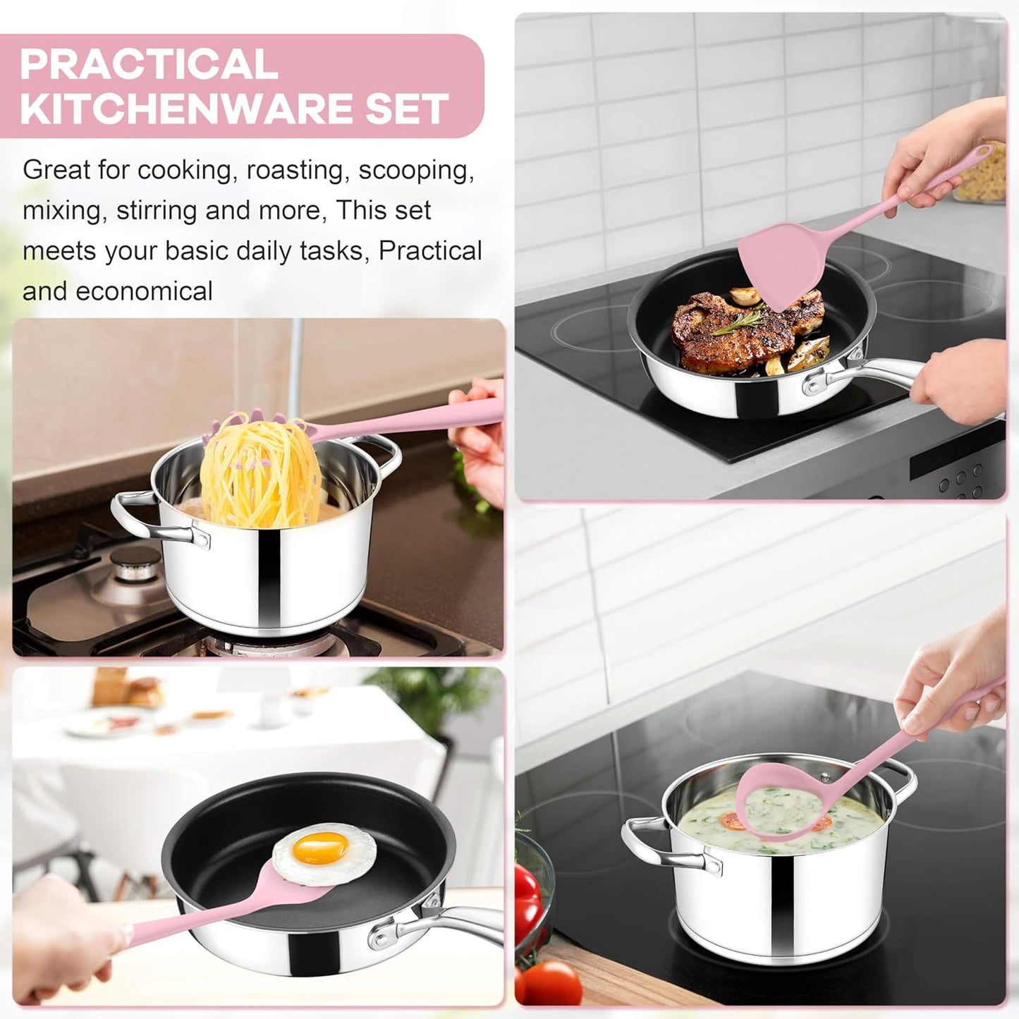 TeamFar Silicone Cooking Utensils Set, 8 PCS Kitchen Utensils Set, 446°F Heat Resistant, Turner, Spatula, Spoon, Whisk, Kitchen Cooking Gadgets Tools for Nonstick Cookware, Dishwasher Safe-Pink