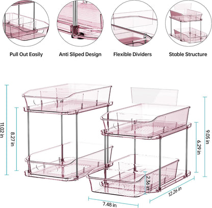 Delamu 2-Tier Under Sink Organizers and Storage, Multi-Purpose Stackable Bathroom Cabinet organizers, Pull Out Kitchen Pantry Organization and Storage with Dividers(2 Pack, Pink)