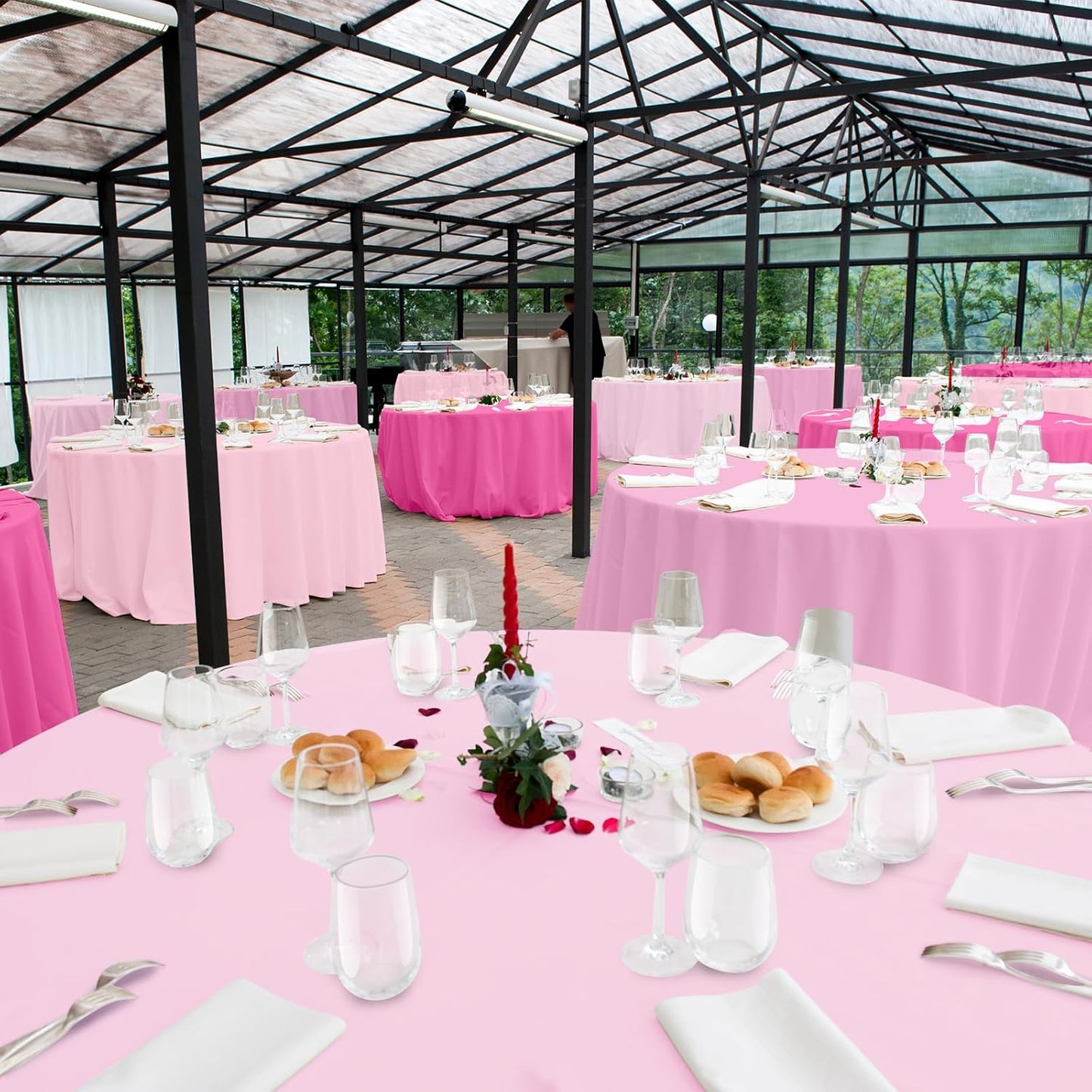 MASHAN 12 Pack Round Plastic Pink Tablecloths Disposable Pastel Pink Table Cloth Round Table Covers for Valentines Day Bridal Engagement Wedding Galentines Party Decorations,84 Inch