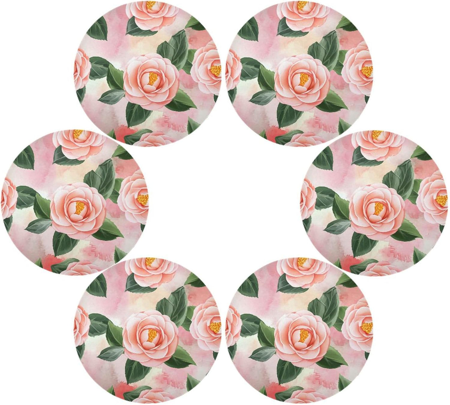Round Placemats Set of 6 Peach-Pink Camellia Washable Non-Slip Heat Resistant Place Mats, 15.4” Dining Table Place Mats for Kitchen Holiday Party Decoration