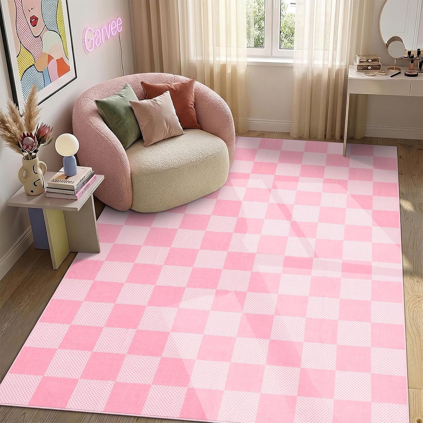 GarveeHome Checkered Blush Pink and White 2x3 Washbale Rug Door Mat Geometric Diamond Dot Modern Soft Low-Pile Girls Small Rug for Bedroom Entryway Bathroom Kitchen Non-Slip TPE Backing