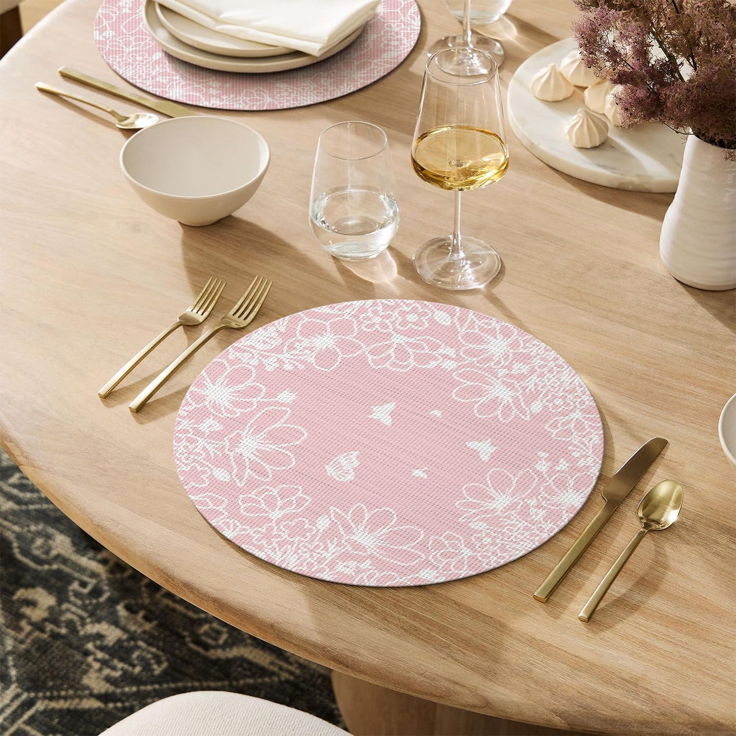 Artoid Mode Pink Leaves Vinyl Round Placemats Set of 4, 14 Inch Washable Non-Slip Heat Resistant Woven Plastic Spring Table Mats for Party Kitchen Dining Decor