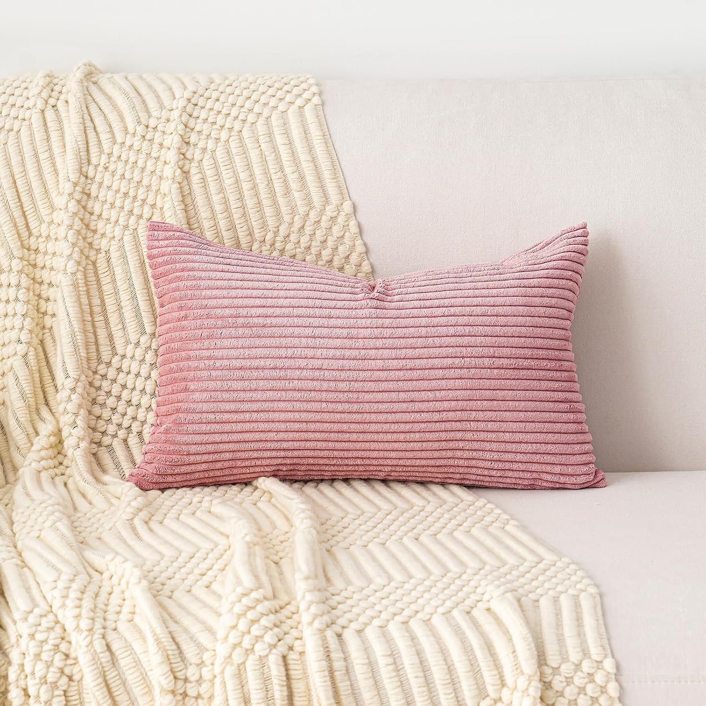 Set of 1 Lumbar Throw Pillow Cover 12x24 Inch Pink, Soft Striped Corduroy Cushion Case Modern Farmhouse Home Decor for Sofa Living Room Couch Bed