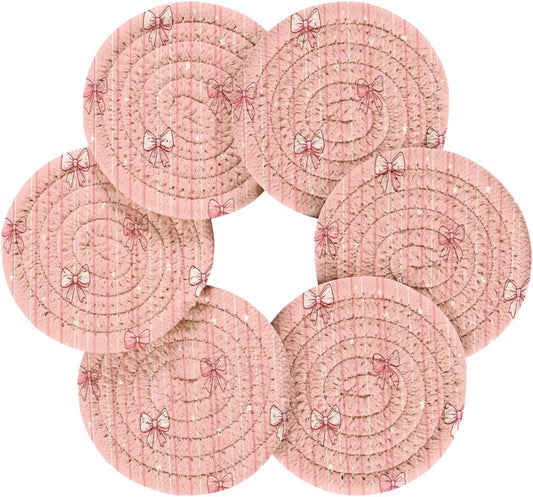 Light Pink Bows Star Stripe Woven Coasters for Drinks Set of 6 Drink Coaster with Holder Absorbent Coffee Cup Bar Coaster Cup Mats for Table Office Desk Decor 4.3 inches