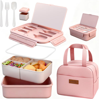Bento Lunch Box Set for Women & Grils with Sppon & Fork, 1100ml Lunch Box with Lunch Bag, Bento Box for School, Work, Picnic, Leak Proof, BPA-Free, Microwave & Dishwasher Safe (Pink)