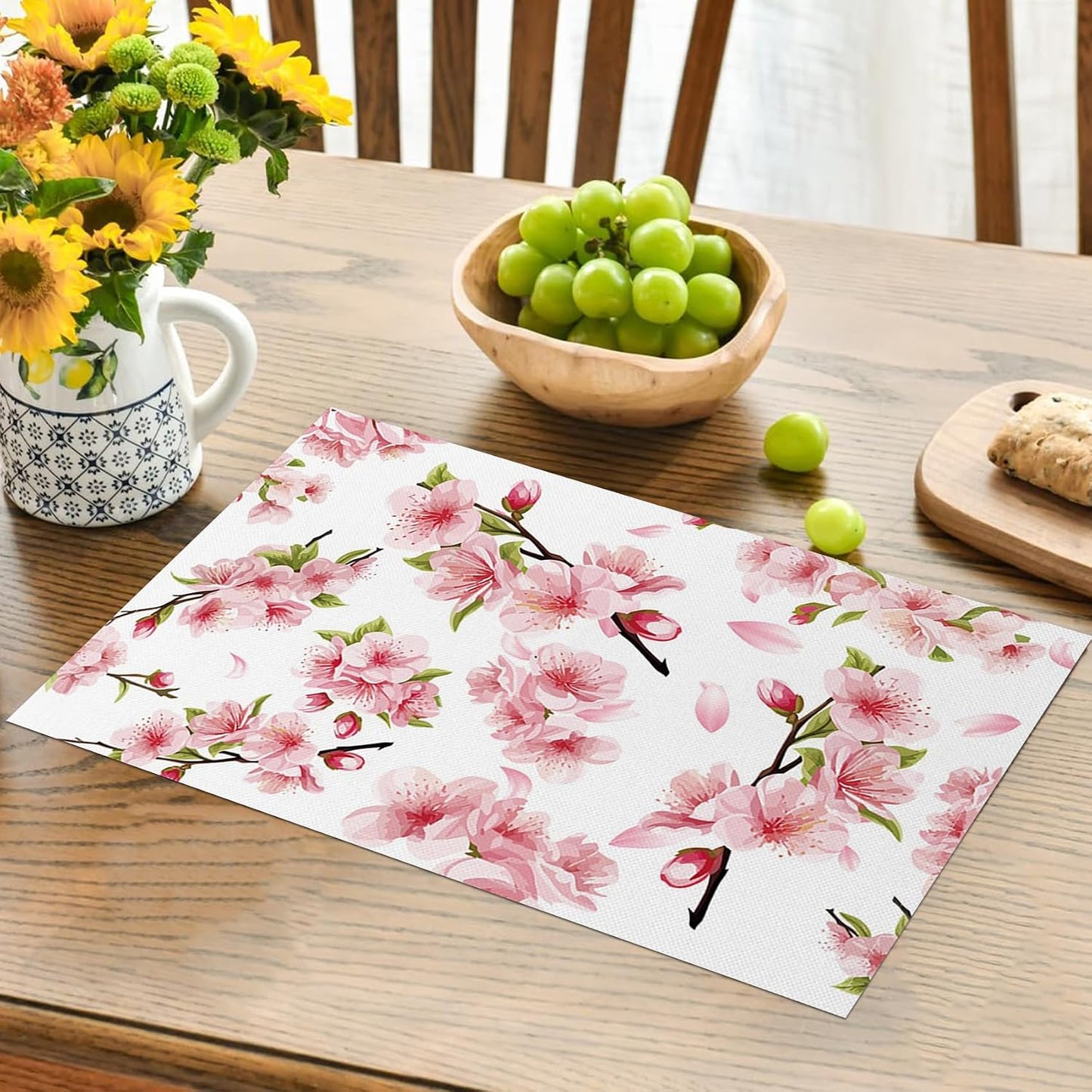 AOFOTO Pink Floral Placemat Set of 4 Spring Pink Cherry Blossom Flowers Printed Place Mats Washable Rectangular Table Mats for Party Home Kitchen Restaurant Dining Table Decor 12x18 Inch