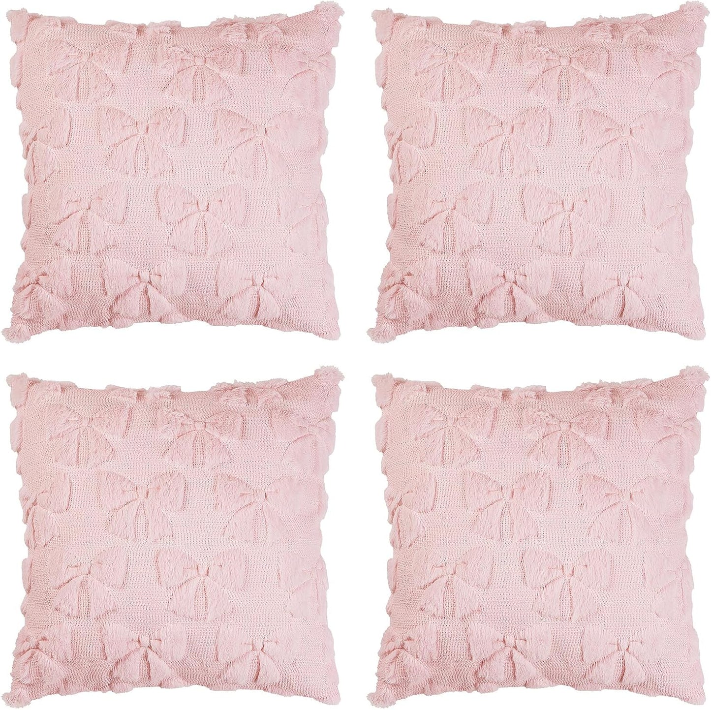 Bow Pillow Covers Set of 4, Coquette Room Decor Preppy Pink Soft Faux Fur Plush Throw Pillow Cases with Bowknot, 18x18 Inch Aesthetic Fluffy Couch Covers for Large Couch Sofa Home Decorations