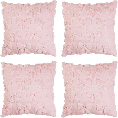 Bow Pillow Covers Set of 4, Coquette Room Decor Preppy Pink Soft Faux Fur Plush Throw Pillow Cases with Bowknot, 18x18 Inch Aesthetic Fluffy Couch Covers for Large Couch Sofa Home Decorations