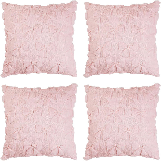 Bow Pillow Covers Set of 4, Coquette Room Decor Preppy Pink Soft Faux Fur Plush Throw Pillow Cases with Bowknot, 18x18 Inch Aesthetic Fluffy Couch Covers for Large Couch Sofa Home Decorations