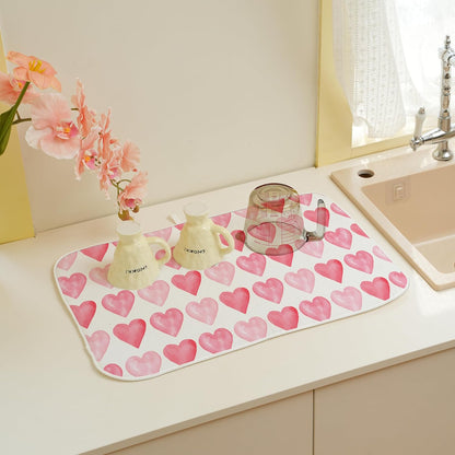 Valentine's Dish Drying Mat 18x24 Inches For Kitchen Counter Absorbent Pink Love Heart Kitchen Mother's Day Anniversary Wedding Drying Mat Pad For Home Kitchen,Dining Room,Office Decoration