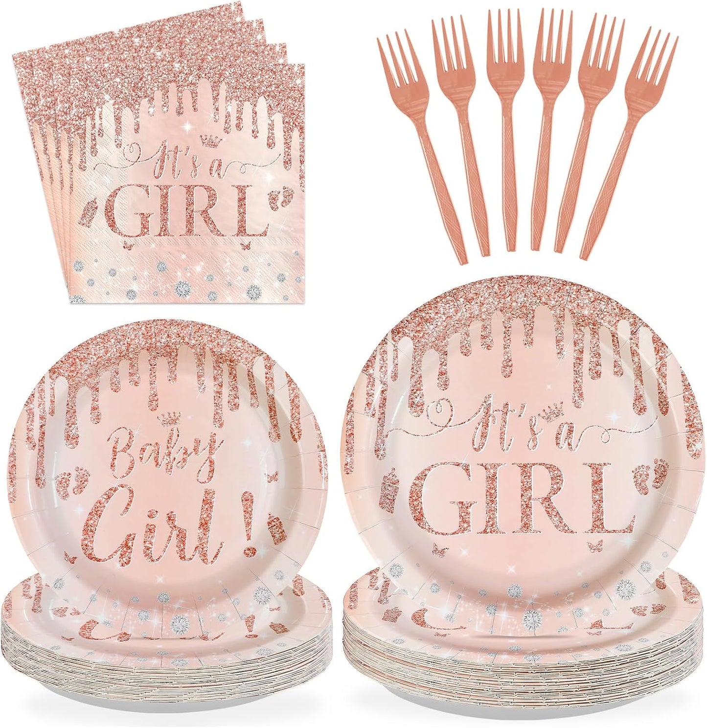 96Pcs It's a Girl Baby Shower Decorations Diamond Rose Gold Plates and Napkins Pink Girl Theme Disposable Paper Tableware Set for Girls Gender Reveal Baby Shower Birthday Party Supplies Serves 24