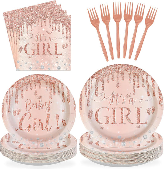 96Pcs It's a Girl Baby Shower Decorations Diamond Rose Gold Plates and Napkins Pink Girl Theme Disposable Paper Tableware Set for Girls Gender Reveal Baby Shower Birthday Party Supplies Serves 24