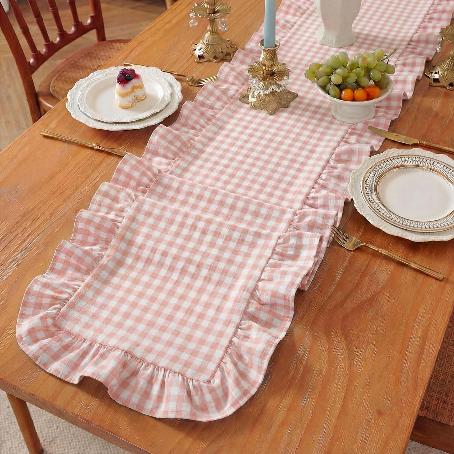 HunnmingRe 1 Pcs Light Pink Plaid Gingham Ruffle Table Runner 118 x 13.8'' Farmhouse Table Runner 100% Cotton Scalloped Long Dresser Scarves for Mother’s Day Dining Room, Wedding, Rustic Home Decor
