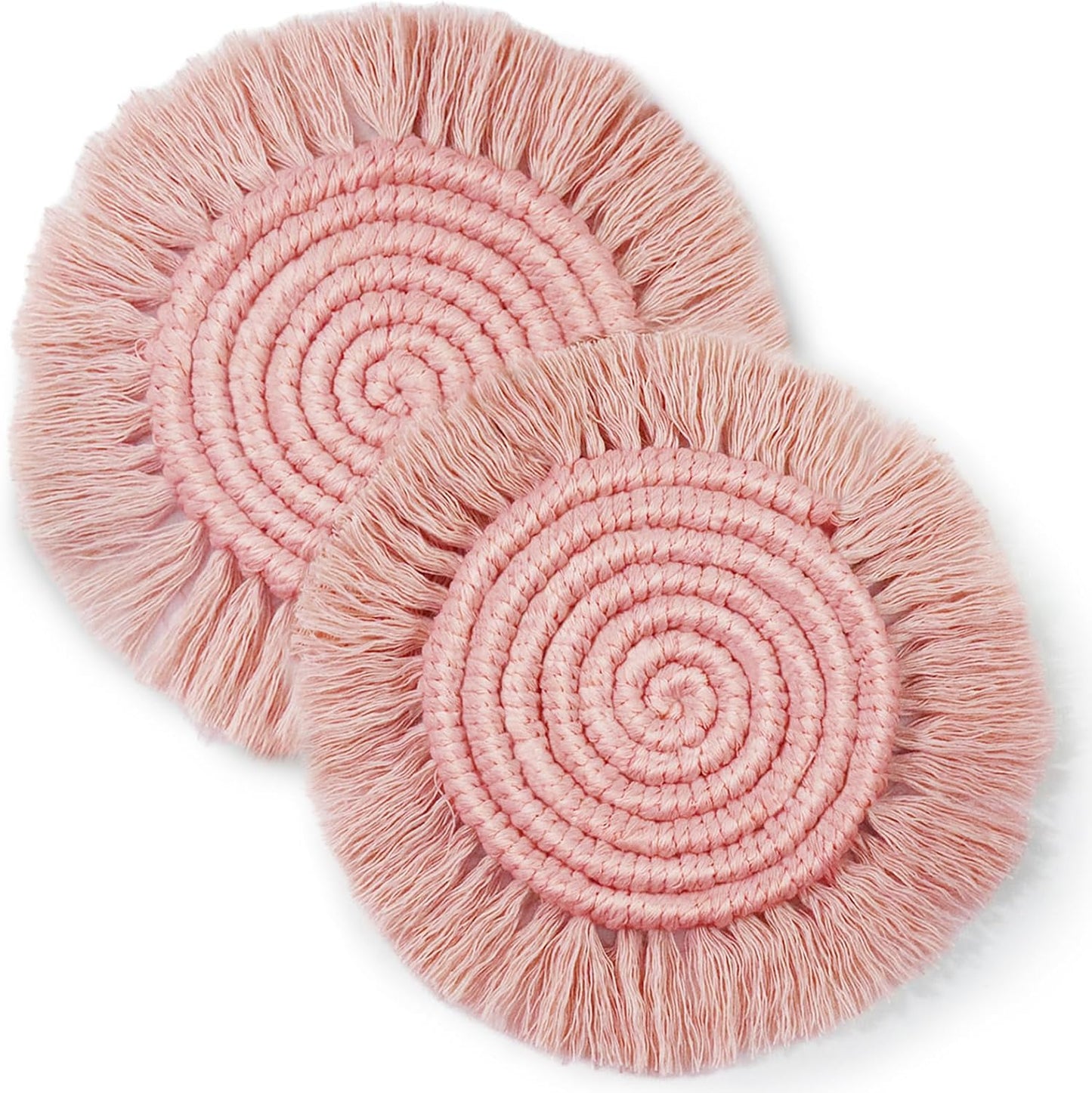 7.4in Boho Coasters Set of 2, Cute Drink Coasters Absorbent for Desk, Farmhouse Handmade Woven Macrame Coaster for Mugs Cups - Gifts for Women, Round Dusty Pink
