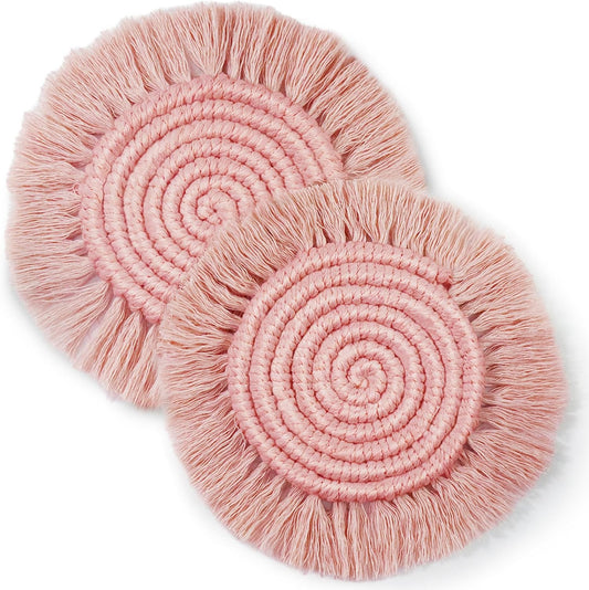 7.4in Boho Coasters Set of 2, Cute Drink Coasters Absorbent for Desk, Farmhouse Handmade Woven Macrame Coaster for Mugs Cups - Gifts for Women, Round Dusty Pink