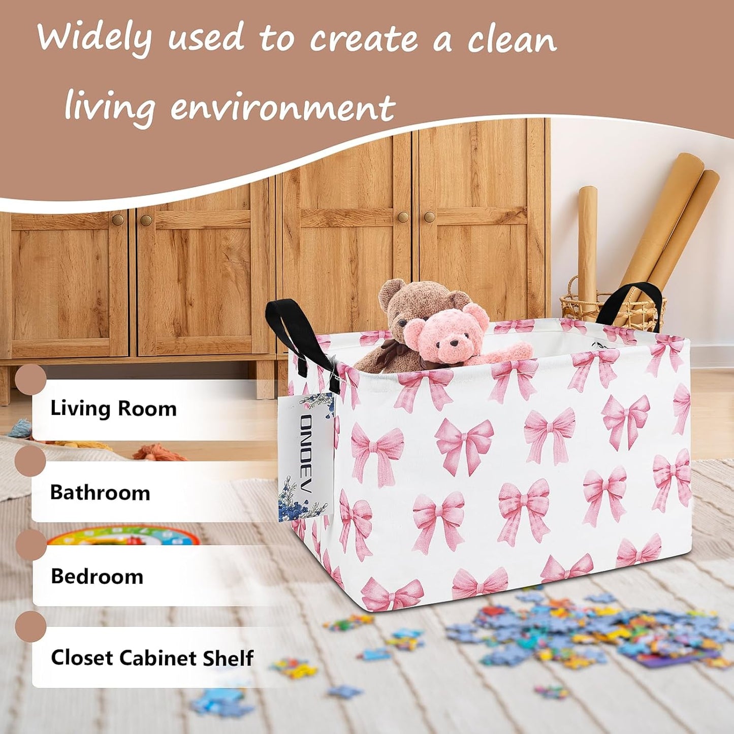 Rectangular Pink Bow Storage Basket,Collapsible Storage Bin for Nursery,Cute Bow Toy Storage Organizer for Kids Girls,for Home,Bedroom,Playroom,Closet,New Parent Gift(Pink Knot)