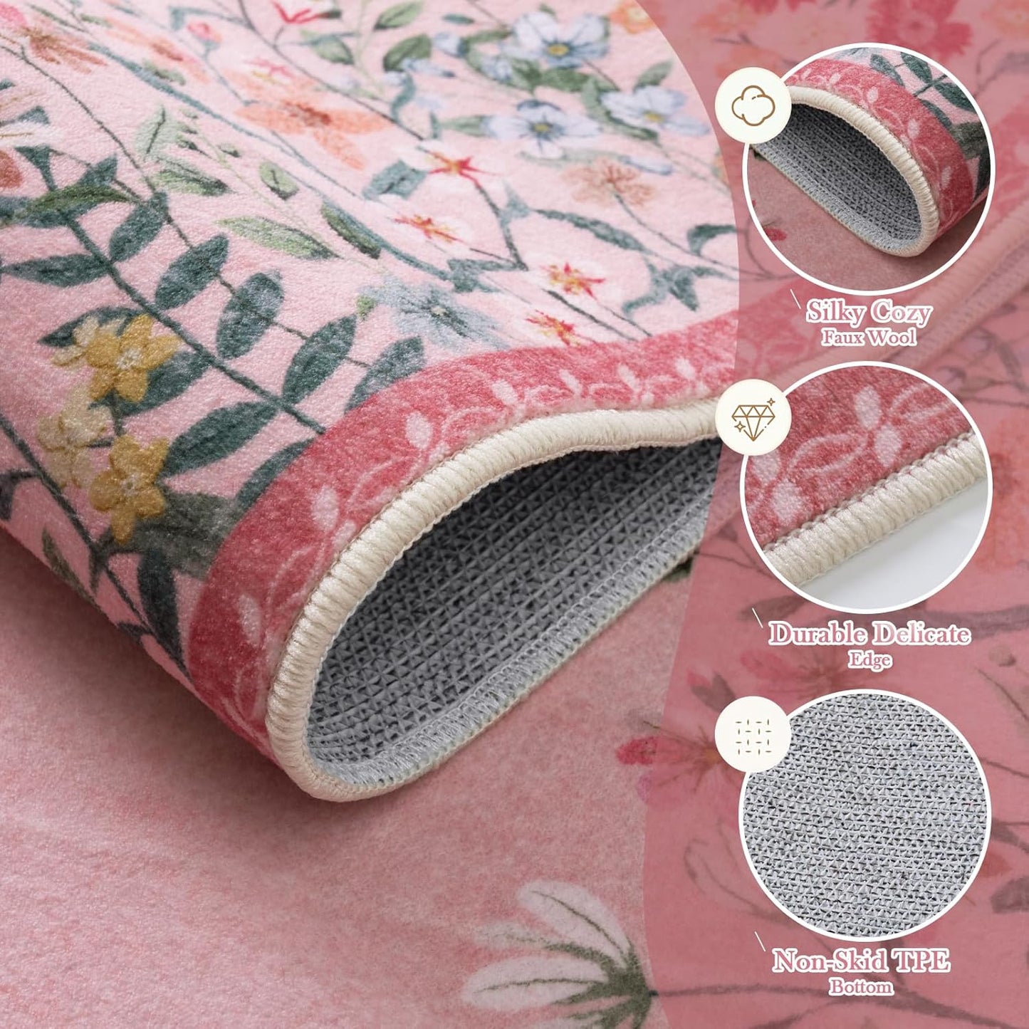Wonnitar Washable Rug 6x9, Pink Botanical Area Rug for Girls Bedroom, Non-Slip Soft Nursery Kids Room Floral Rug Thin Throw Carpet for Dorm Living Room Decor (Pink,6'x9')