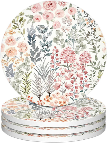 Flower Floral Coasters Set of 4, Pink and Sage Green Botany Plant Hydrangea Ceramic Car Drink Coaster Cup Mat with Cork Back, Floral Decor Accessories for Desk Table Car