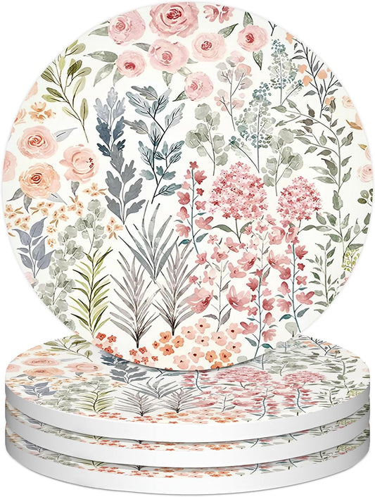 Flower Floral Coasters Set of 4, Pink and Sage Green Botany Plant Hydrangea Ceramic Car Drink Coaster Cup Mat with Cork Back, Floral Decor Accessories for Desk Table Car