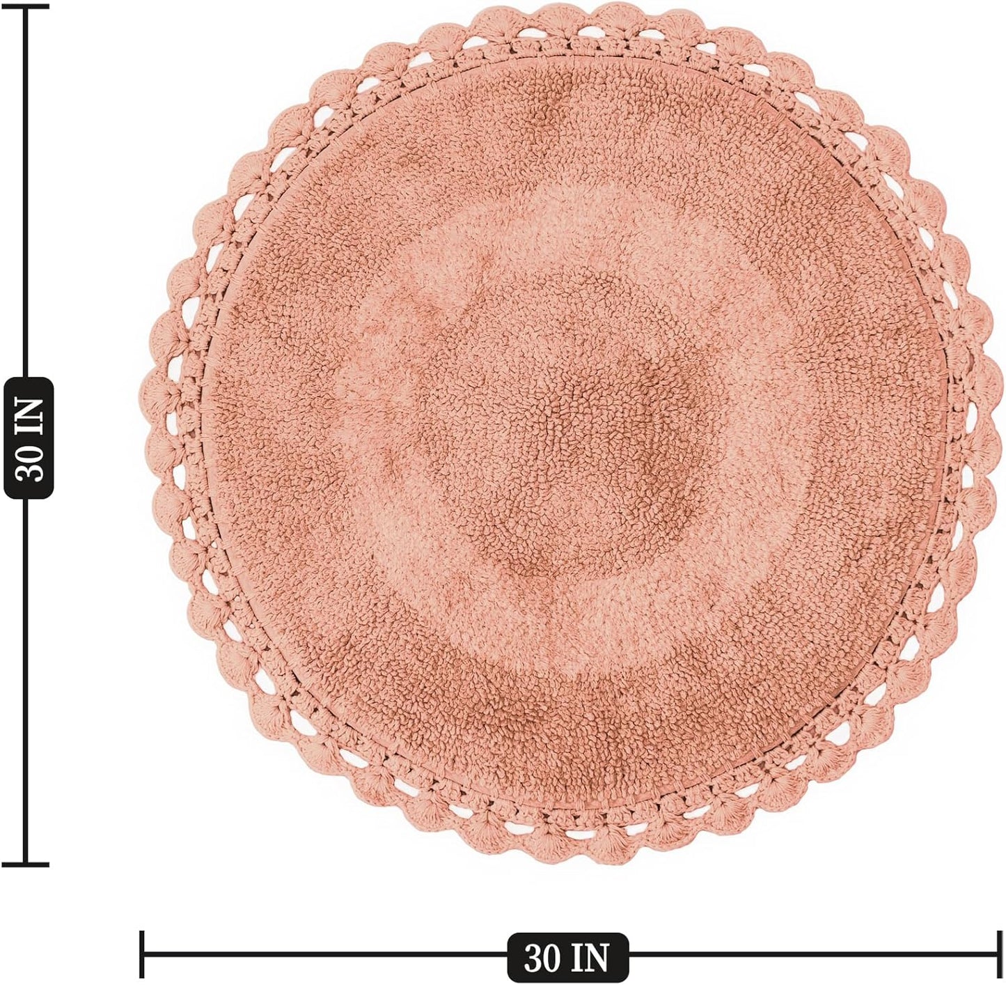 BIEN BEAU Unique Round Boho Bath Mat with Crochet Contour - 100% Cotton Boho Bathroom Rugs -Reversible - Decorative Non-Slip Bohemian Rug for Bath and Bedroom - Cute Decor - Blush Pink 30"