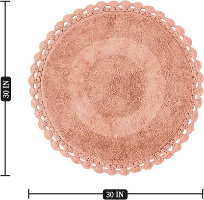 BIEN BEAU Unique Round Boho Bath Mat with Crochet Contour - 100% Cotton Boho Bathroom Rugs -Reversible - Decorative Non-Slip Bohemian Rug for Bath and Bedroom - Cute Decor - Blush Pink 30"