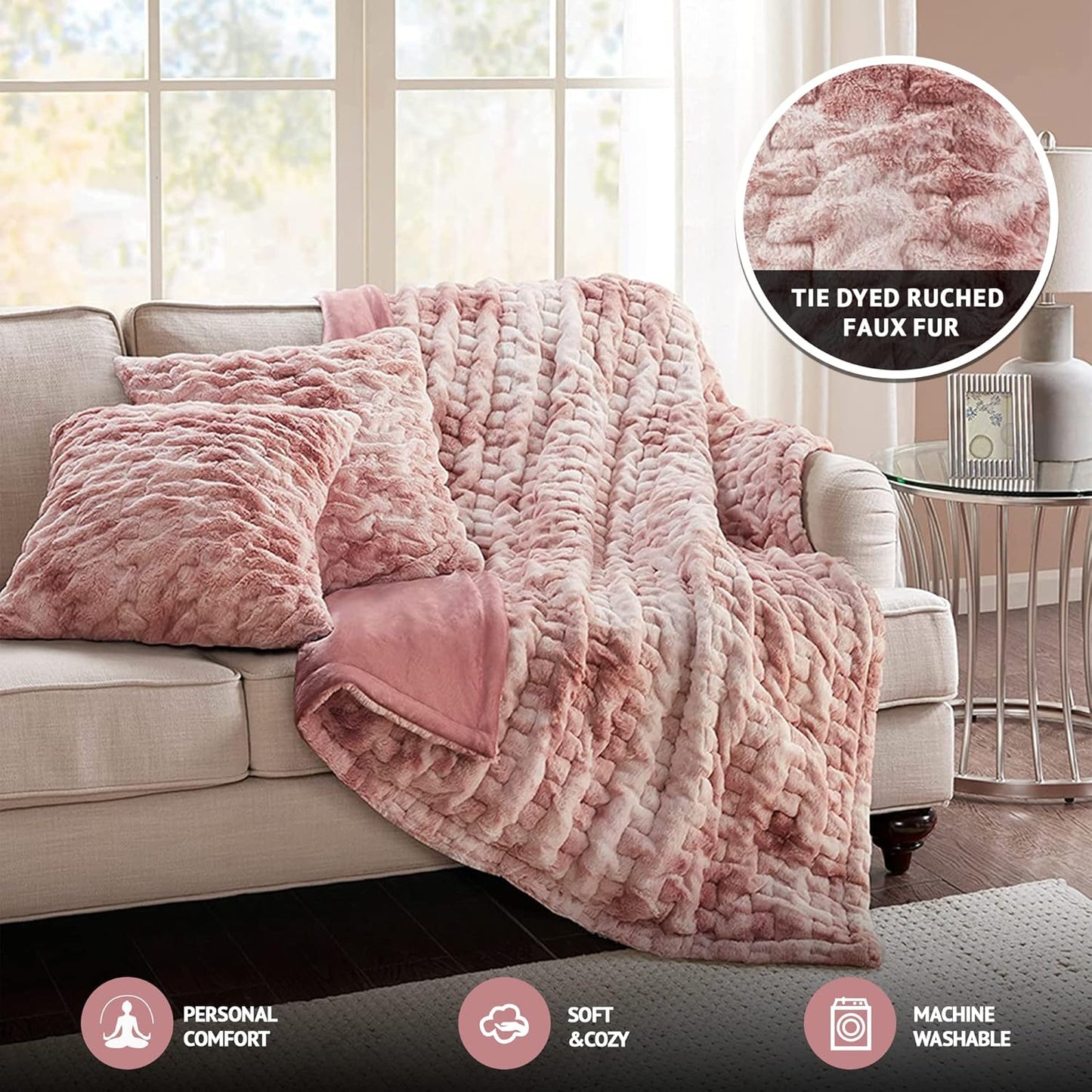 Comfort Spaces Ruched Faux Fur Plush Throw Blanket and Pillow Set with 2 Matching Square Pillow Covers Sofa Throw Blanket for Living Room, Chair, Couch, Home Office Fuzzy Soft Blush Tie Dye 50"x 60"