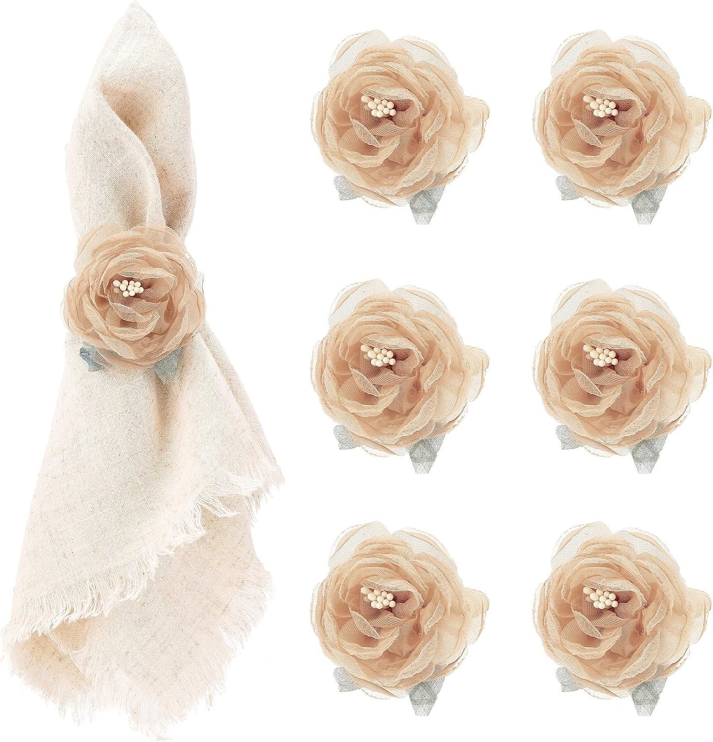 Handcraft Flower Napkin Rings Set of 6– Blush Beige Camellia Tulle Napkin Holders for Dining Table Decor, Weddings, Parties, Birthday & Thanksgiving