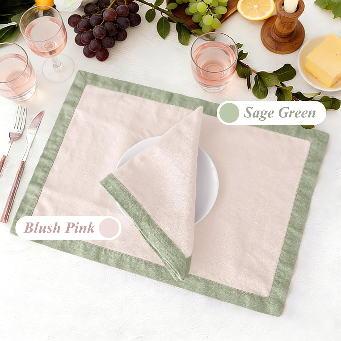 Linen World 100% French Linen Placemats Set of 4,21 x 15 Inch Double Layer Table Mats,Washable Heavyweight Placemats for Holiday Dining Kitchen Decor,Blush Pink with Sage Green Contrast Border