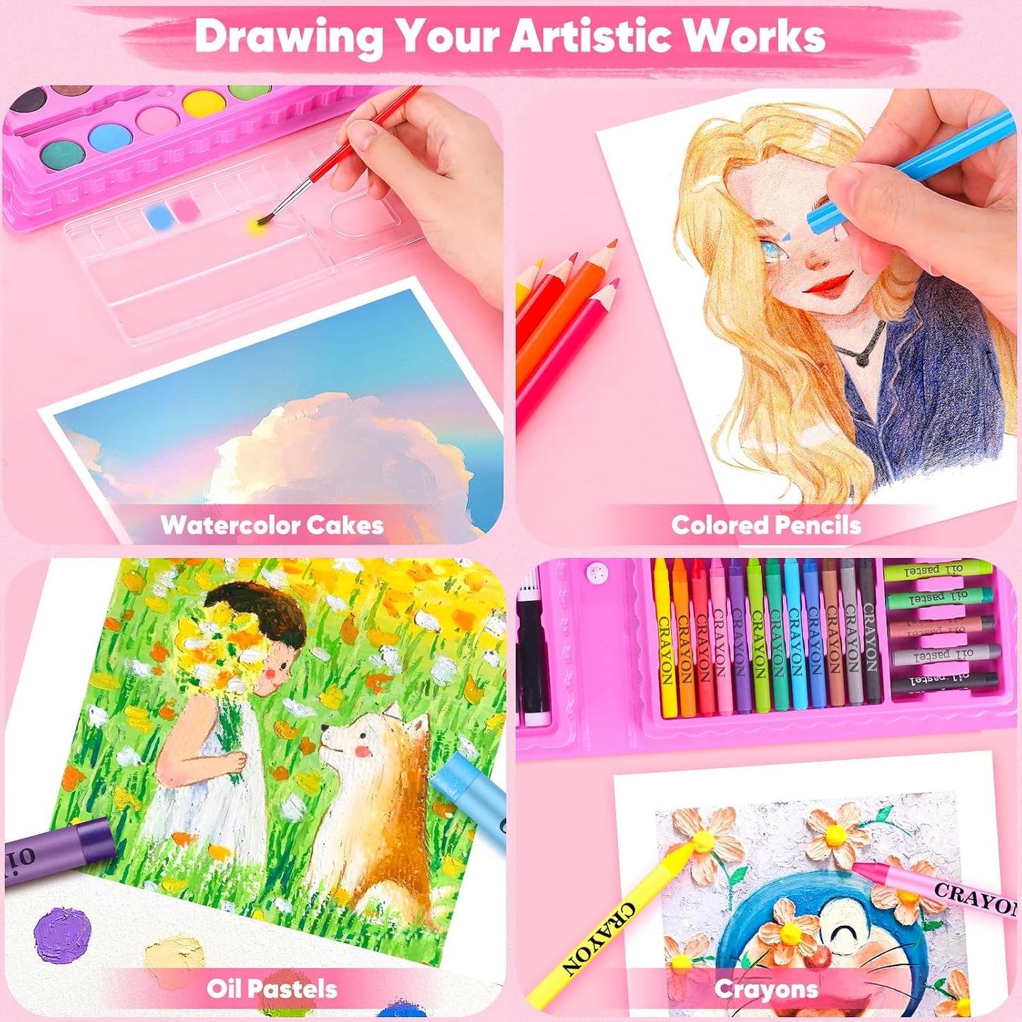 iBayam Art Supplies, 149-Pack Drawing Kit Painting Art Set Art Kits Gifts Box, Arts and Crafts for Kids Girls Boys, with Coloring Book, Crayons, Pastels, Pencils, Watercolor Pens & Cakes (Pink)