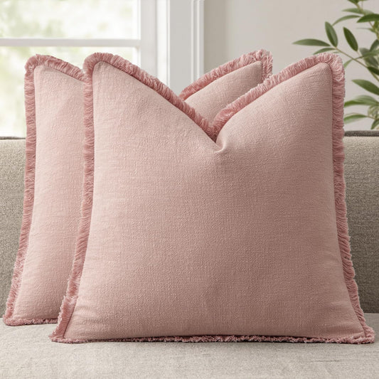 ANRODUO Set of 2 Decorative Throw Pillow Covers 20×20 Inch Soft Linen Fringe Farmhouse Boho Vintage Cushion Covers with Tassels Accent Pillowcase for Couch Sofa Bed Living Room Summer Home Decor Pink