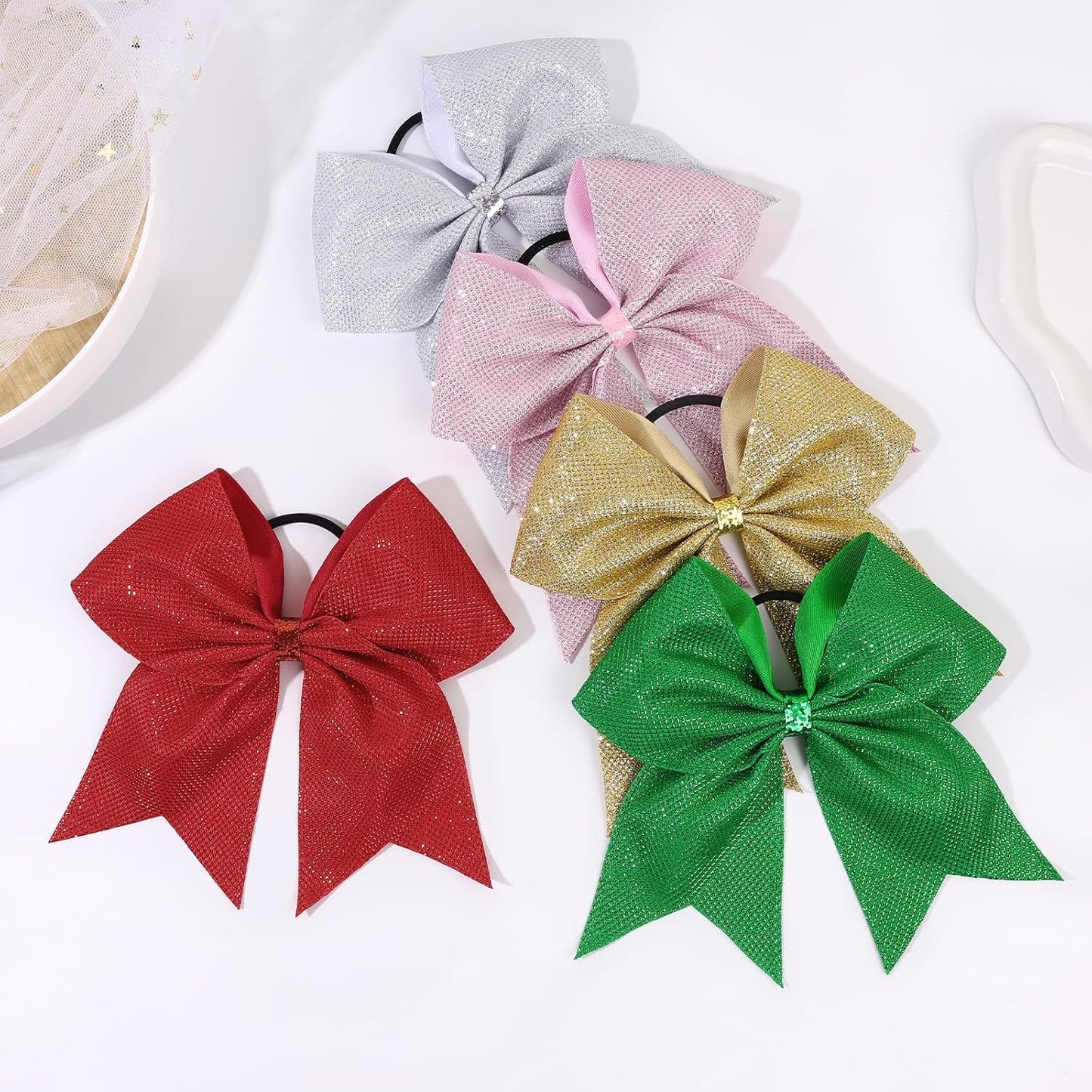 CN 10PCS Large Pink Glitter Cheer Bows for Cheerleader, Sparkly Jumbo Cheer Hair Bows with Ponytail Holder Elastic Hair Accessories for Cheerleading Teens Girls Women Softball Competition Sports