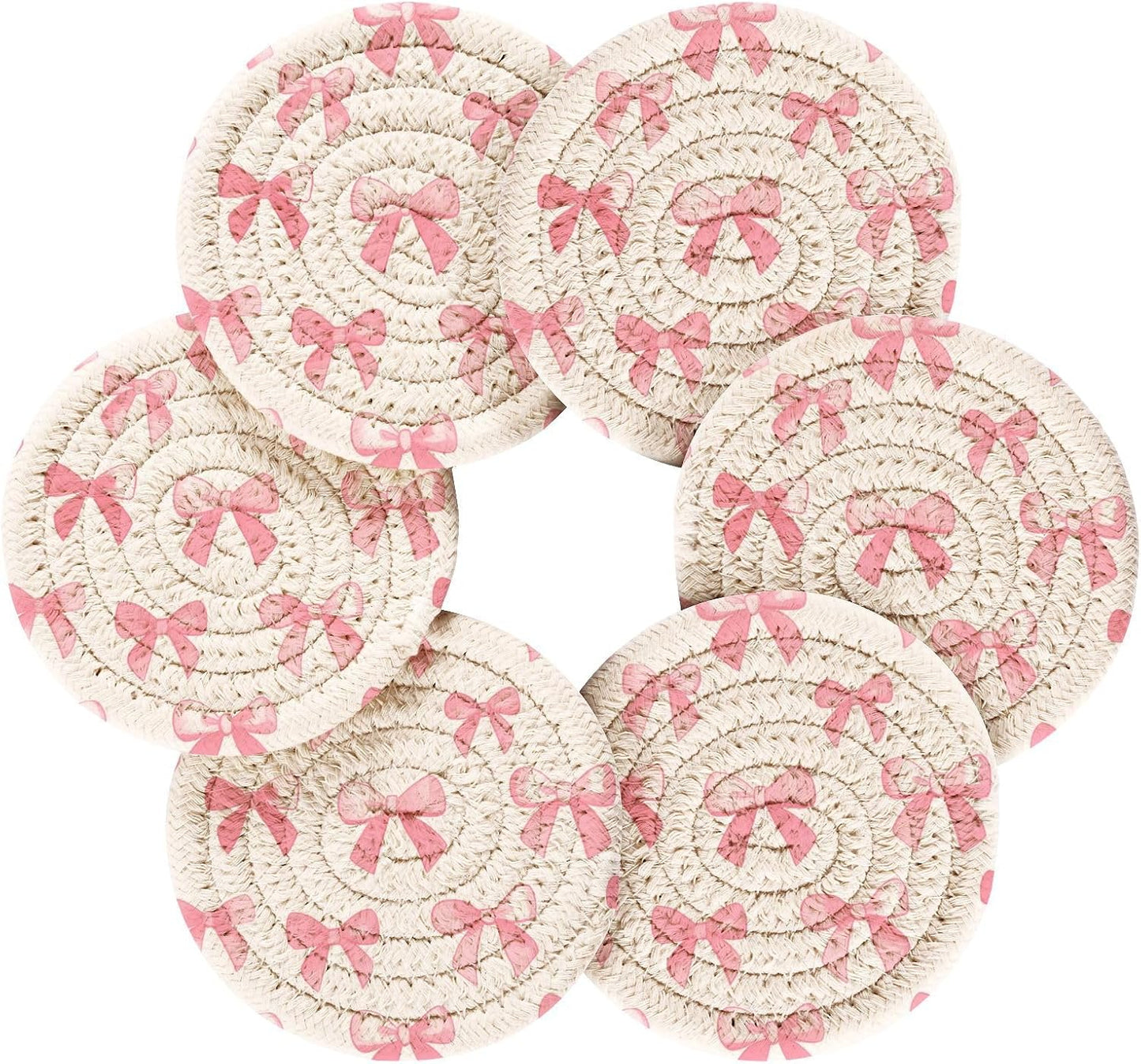Coasters for Drinks Pink Bows Pattern Absorbing Round Table Mat for Mugs and Cups,Office,Kitchen