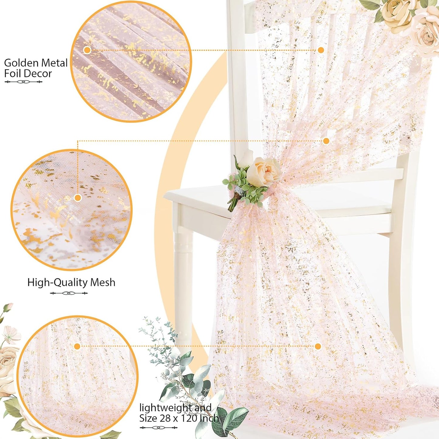 SiinvdaBZX Light Pink Table Runner 120 Inch 10 Ft, Sheer Gauze Tulle Sequin Golden Glitter Metallic Foil Table Runners for Dining Wedding Anniversary Party Birthday Christmas Thanksgiving
