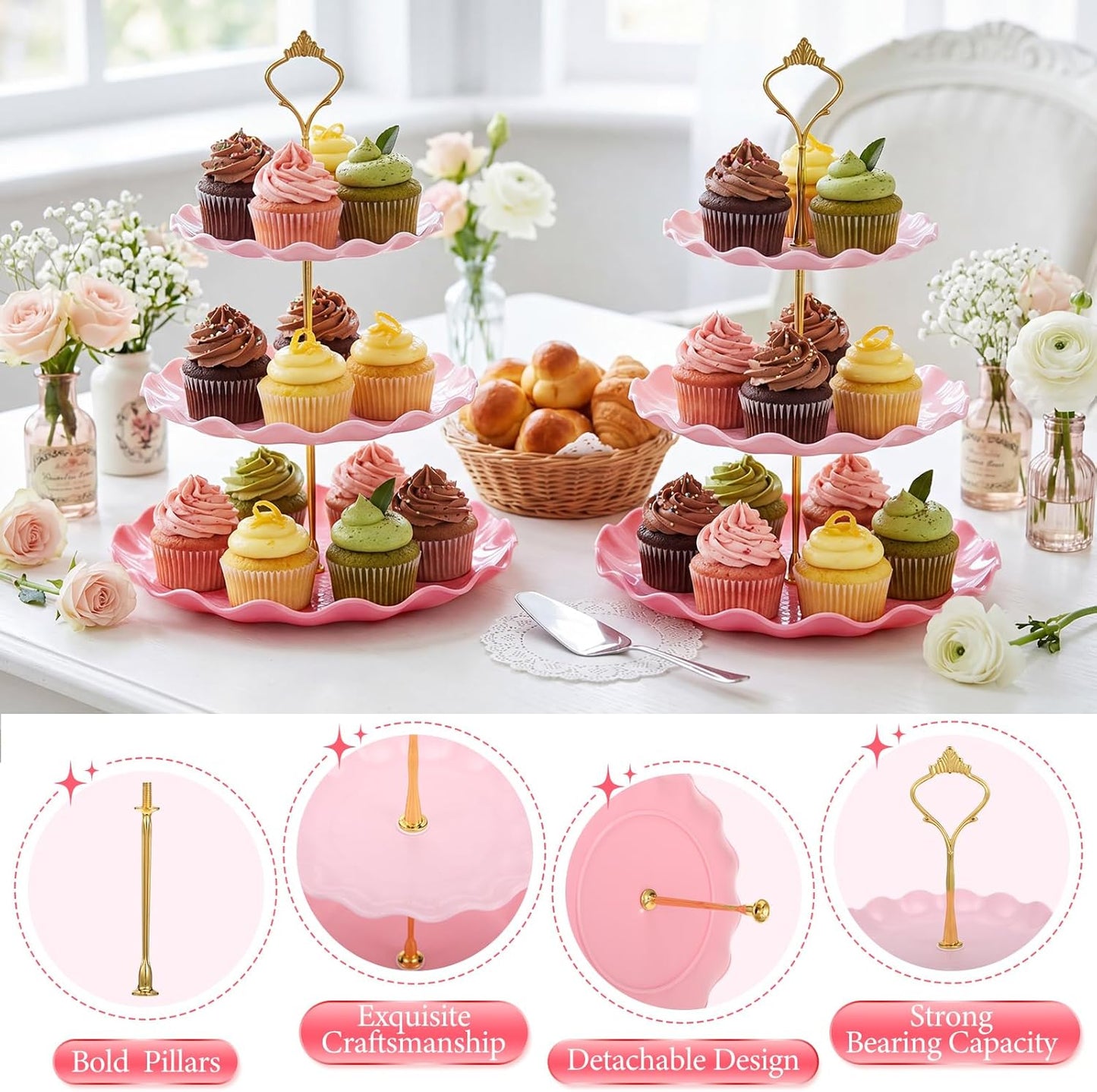Novabright 3 Pack Pink Cupcake Stands, Round 3-Tier Gradient Serving Tray, Plastic Dessert Table Display Tower for Wedding Bridal Baby Shower Birthday Tea Party