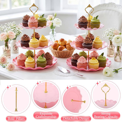 Novabright 3 Pack Pink Cupcake Stands, Round 3-Tier Gradient Serving Tray, Plastic Dessert Table Display Tower for Wedding Bridal Baby Shower Birthday Tea Party