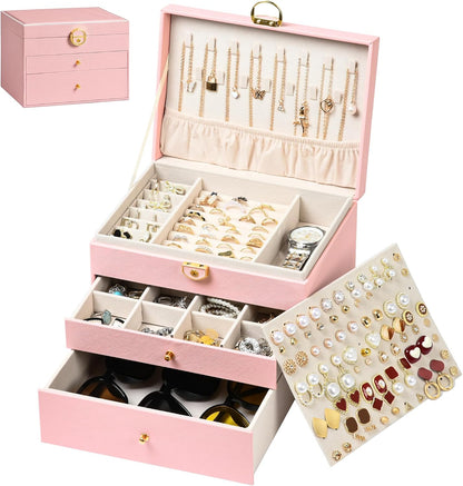 Jewelry Box, 3 Layers Leather Jewelry Storage Display Box for Women, Gift Case, 2 Drawers, Large Capacity for Necklace Earrings Bracelets Rings, Pink
