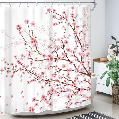 Cherry Blossom Plum Asian Shower Curtain Japanese Weeping Flower 60Wx72H Inch Sakura Pink Floral Watercolor Cute Branch Ink Scenery Waterproof Polyester Fabric Bathroom Bathtub