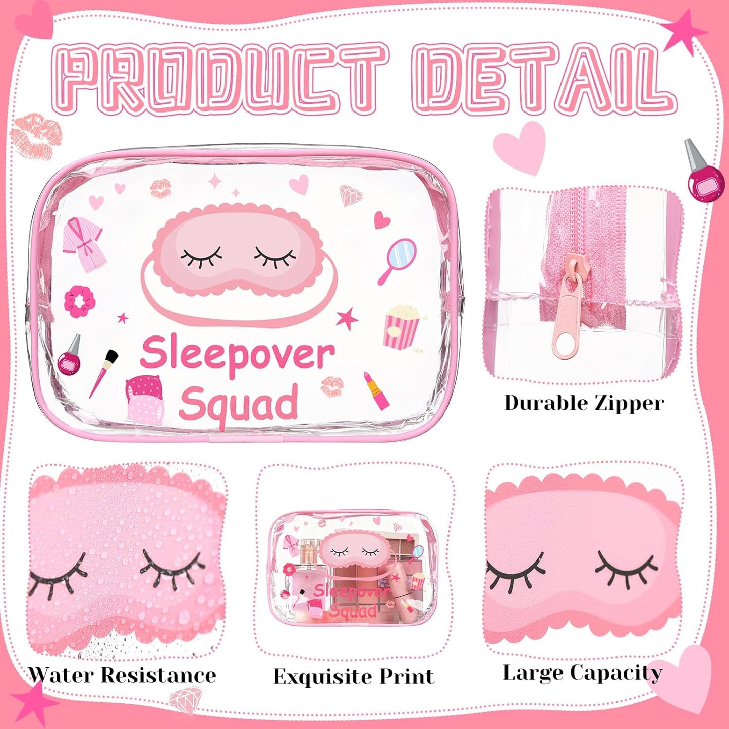 Aliceset 8 Pcs Sleepover Party Supplies Sleepover Squad Makeup Bags Slumber Birthday Party Favors Spa Squad Cosmetic Bag Spa Stuff Waterproof Toiletry Pouches Overnight Decorations(Pink)