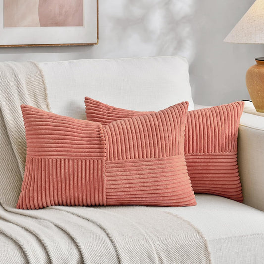Fancy Homi Coral Lumbar Decorative Throw Pillow Covers 12x20 Inch for Living Room Couch, Rustic Farmhouse Boho Home Decor, Soft Striped Corduroy Rectangle Accent Peach Cushion Case 30x50 cm