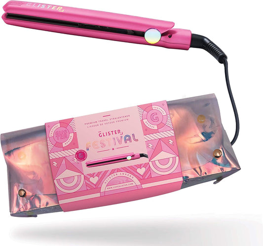Glister Mini Flat Iron with Carrying Pouch, Salon-Grade Travel Iron, Iron Wand, for Normal, Thin, Thick, Dry, and Frizzy Hair, Holiday Gift for Girls or Guys (Pink Mini Flat Iron)