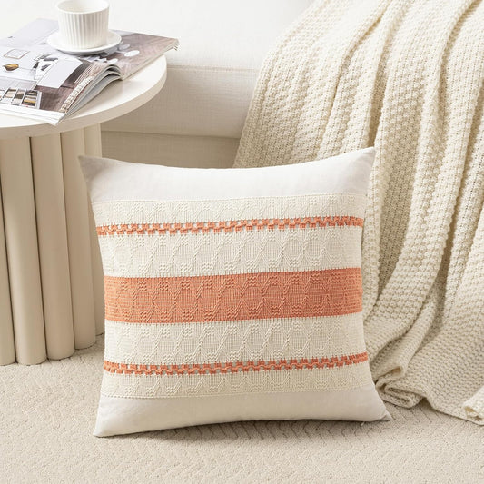 Fancy Homi Set of 2 Boho Coral Decorative Throw Pillow Cover 18x18 Inch for Couch Bed Sofa, Aesthetic Modern Organic Farmhouse Home Decor, Soft Cotton Cute Accent Macrame Woven Cushion Case