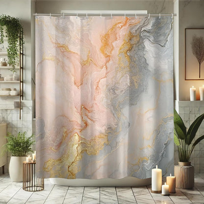 Abstract Marble Shower Curtain, Peach and Gray Bathroom Decor for Modern Aesthetic, Elegant Waterproof Fabric Shower Curtain Set with Hooks 62x72 Inch