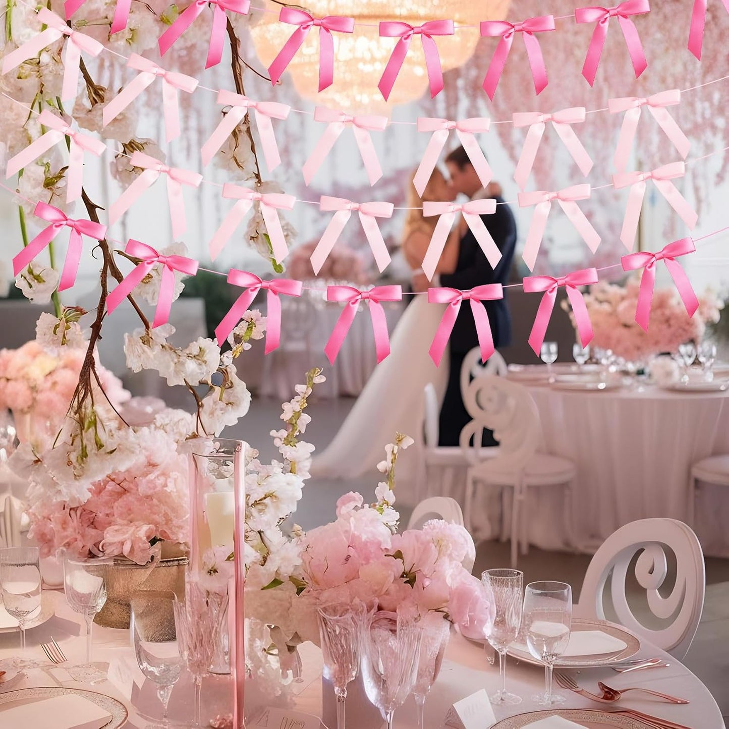 4 Pcs Pink Bow Garland Banner, Pre Strung Pink Coquette Party Decortions for Girls Bow Birthday Decorations, Bachelorette Party Decorations, Bridal Shower