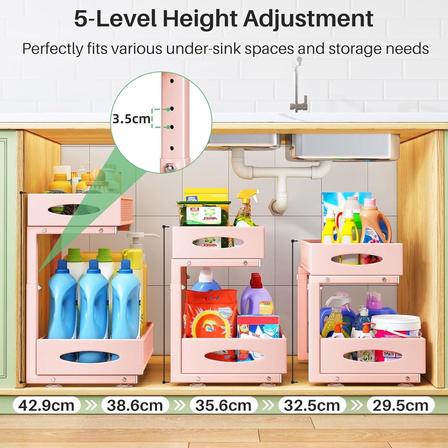 Under Sink Organizer, 2 Tier Pull out Cabinet Organizer Baskets with Mesh Sliding Drawers, Slide out Storage Shelf for Home, Kitchen, Bathroom, Pantry, Office Cabinet(1 Pack, Pink)