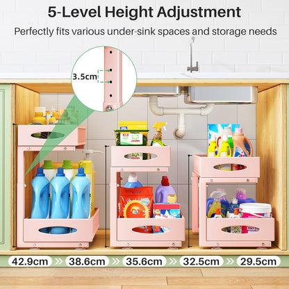 Under Sink Organizer, 2 Tier Pull out Cabinet Organizer Baskets with Mesh Sliding Drawers, Slide out Storage Shelf for Home, Kitchen, Bathroom, Pantry, Office Cabinet(1 Pack, Pink)
