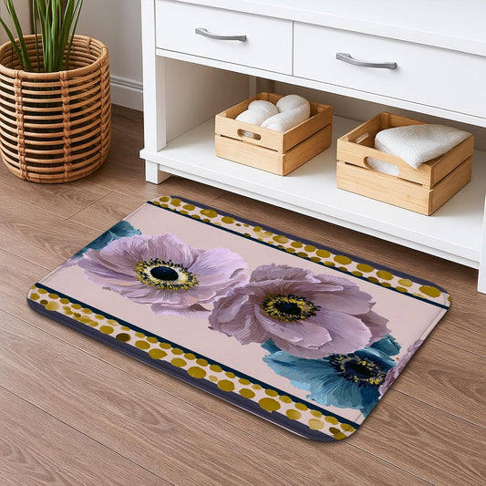 Botanical Floral Quick Dry Bath Mat, Elegant Peach & Blue Flowers Decorative Non Slip Shower Mat, Spring Memory Foam Washable Bath Rugs for Bathroom Toilet Restroom Essentials 20x32 Inch