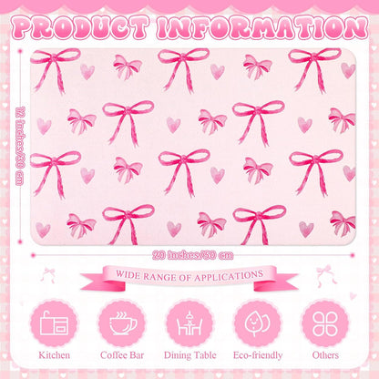 2 Pack Pink Bows Dish Drying Mat 12" x 19" Large Absorbent Coffee Machine Bar Mat Kitchen Counter Pad Decor for Kitchen Counter Coffee Station Accessories Organizer