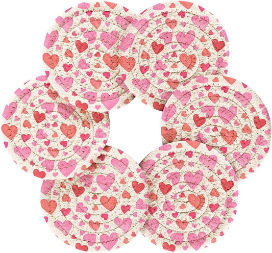 Pink Heart Pattern Coasters Set of 6 with Holder, Woven Rope Coasters for Drinks, Coasters for Dining Table, Office, Home Decor & Tabletop Protection