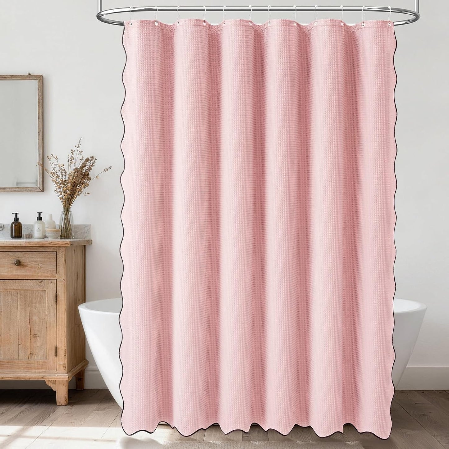 Dynamene Extra Long Scalloped Shower Curtain - 84 inch Cute Heavy Duty Waffle Fabric 256GSM, Modern Hotel Luxury Shower Curtains for Bathroom with Black Scalloped Edge, 12 Plastic Hooks, 72x84, Pink
